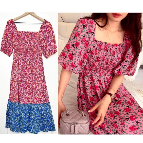 NWT HOUSE OF HARLOW Floral Smocked Puff Short Sleeve Ruffle Tiered Maxi Dress XS - Picture 1 of 4